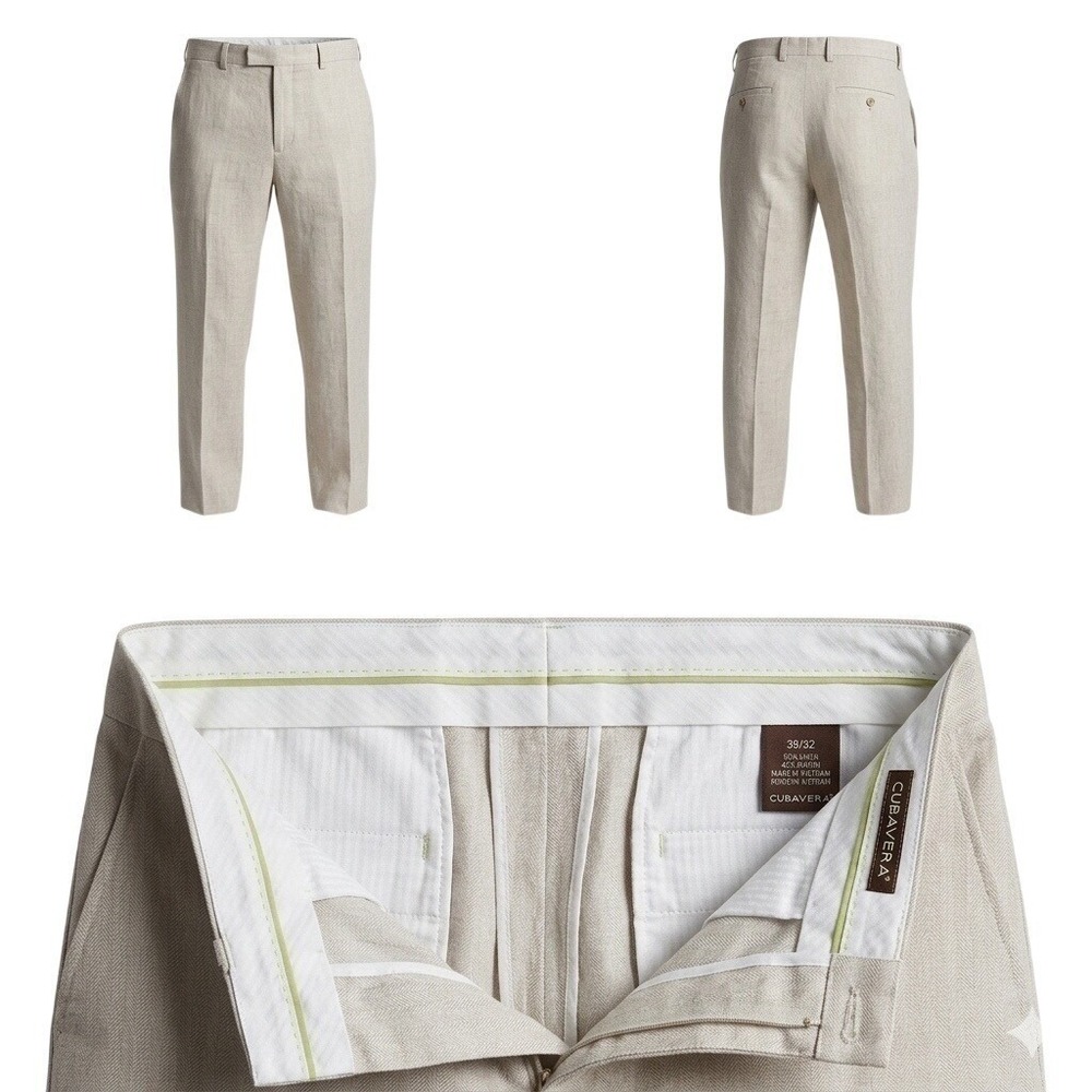 Cubavera Mens Beige Herringbone Linen Blend Pants 38x30 (Not‎ 32) Luxury *Read